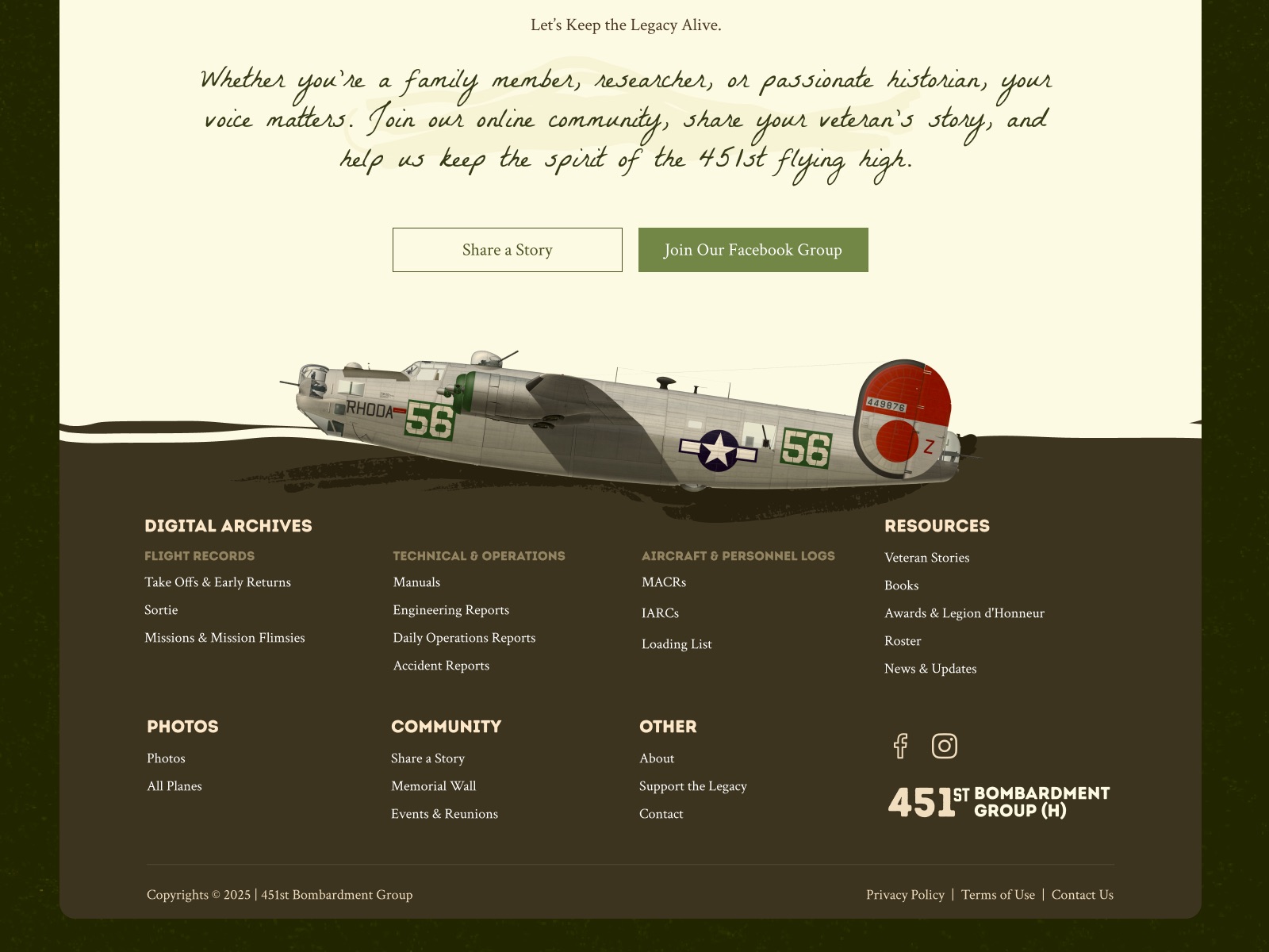 451st.org footer with an illustrated B-24 Liberator and links to the digital archives, photos and community pages