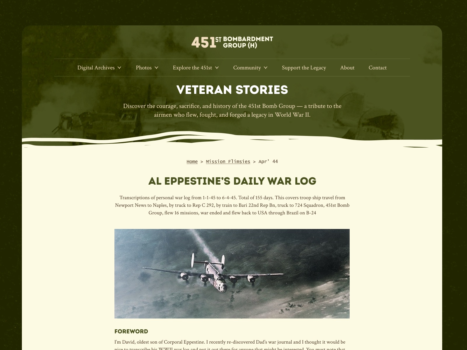 451st.org veteran story page: a transcribed daily war log kept by one of the group’s airmen