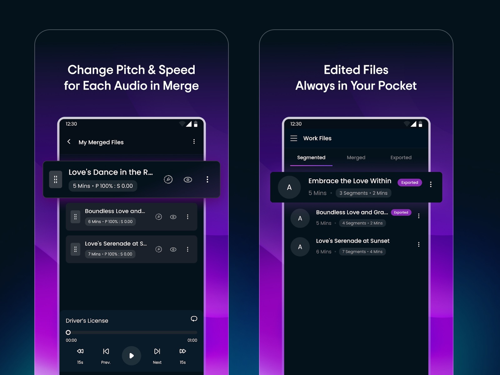 AudioCraft store screens: changing pitch and speed in a merge, and the saved work files