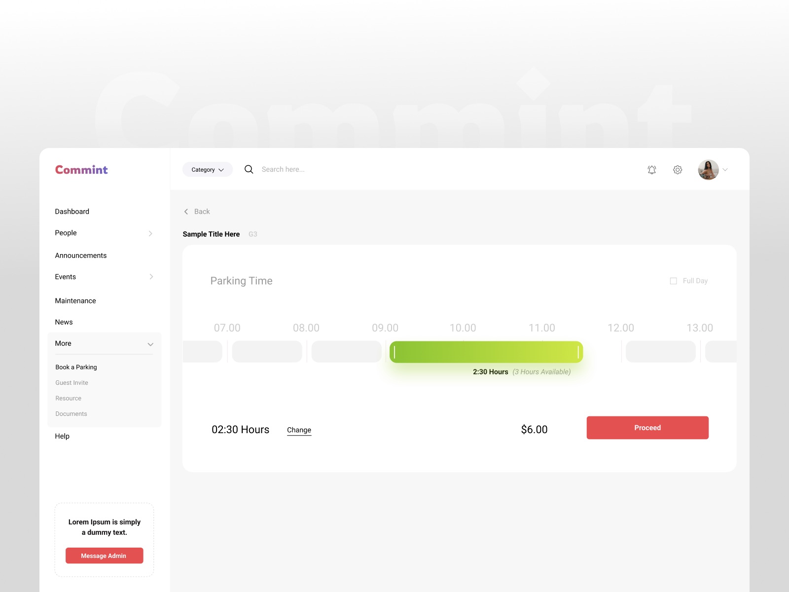 Commint parking booking: choosing a time slot, with the duration and price