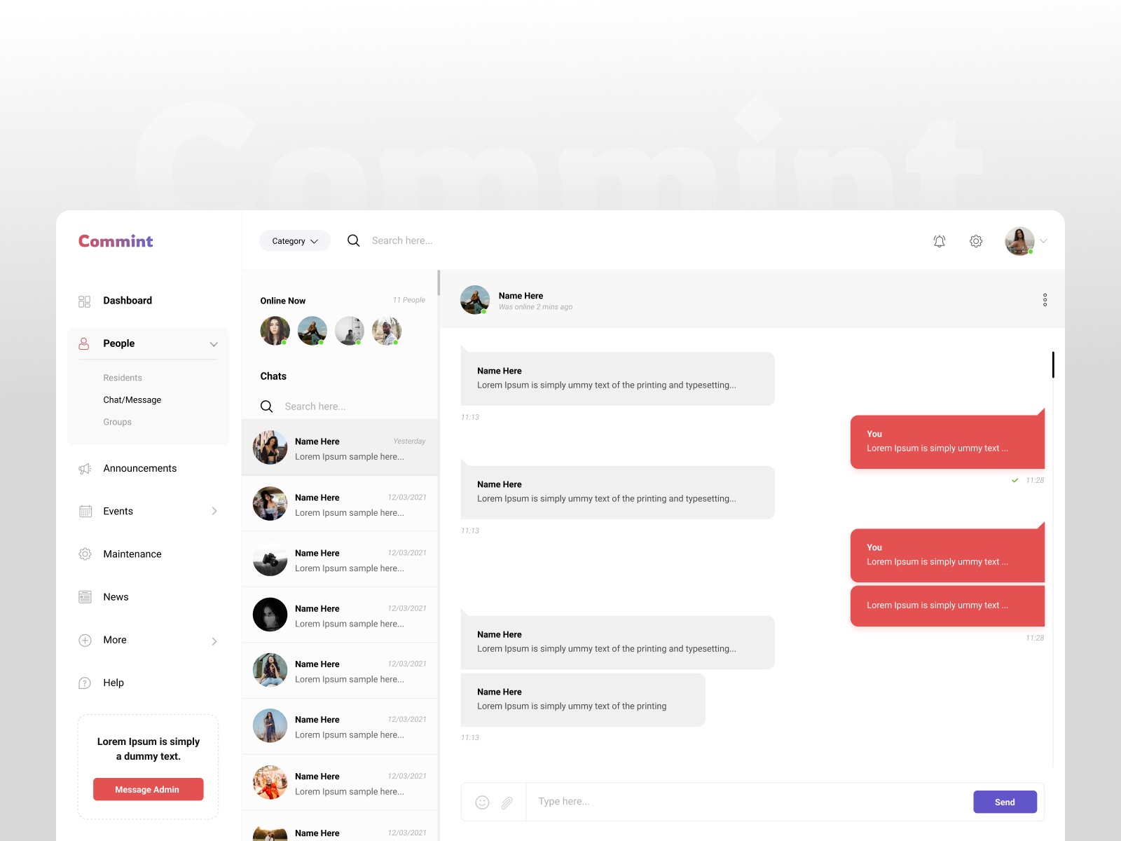 Commint chat: a list of conversations beside an open message thread