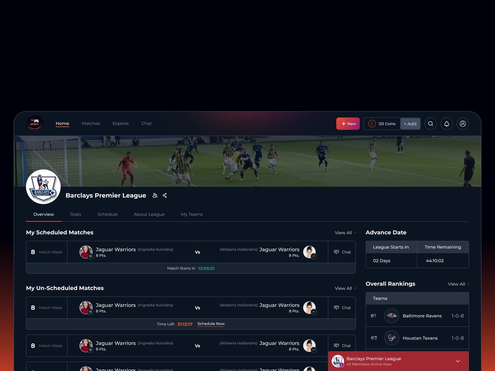 Gaminatics league page on the web: scheduled matches, a countdown to the start and overall rankings