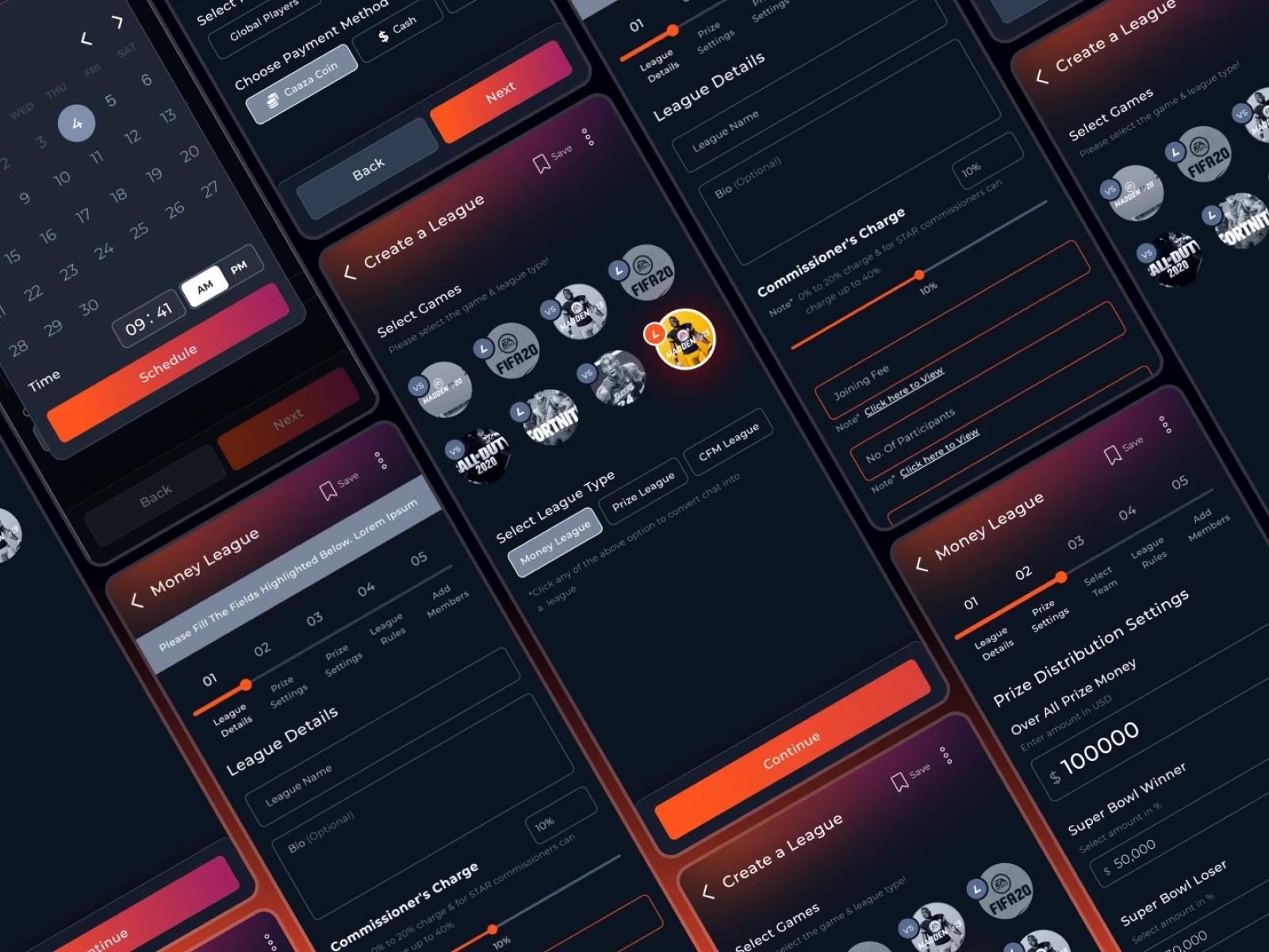 Gaminatics mobile screens for creating a league: choosing games, the league type and prize money