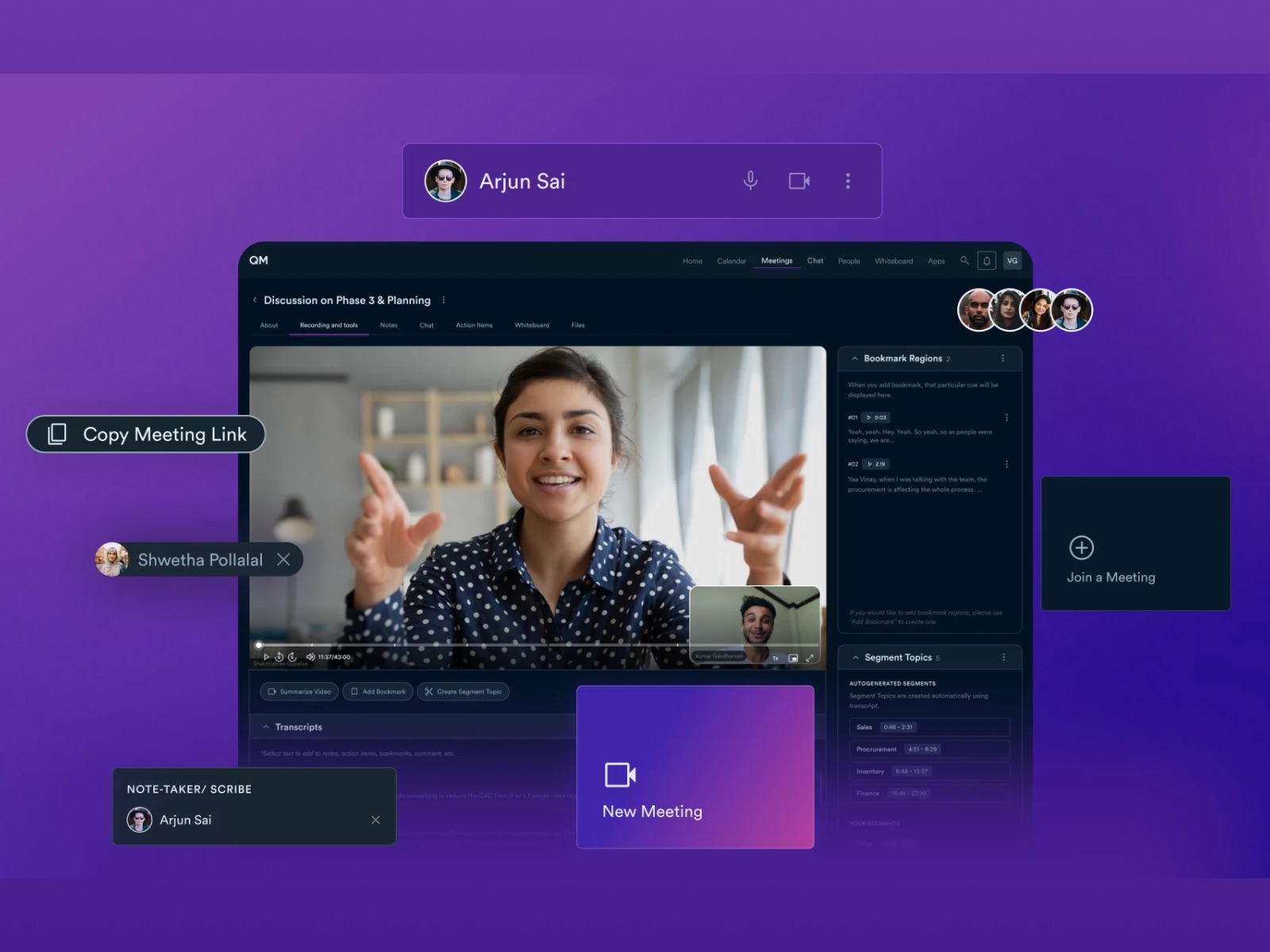 A recorded Quickmeet meeting with its transcript, bookmarks and topic segments, surrounded by interface details