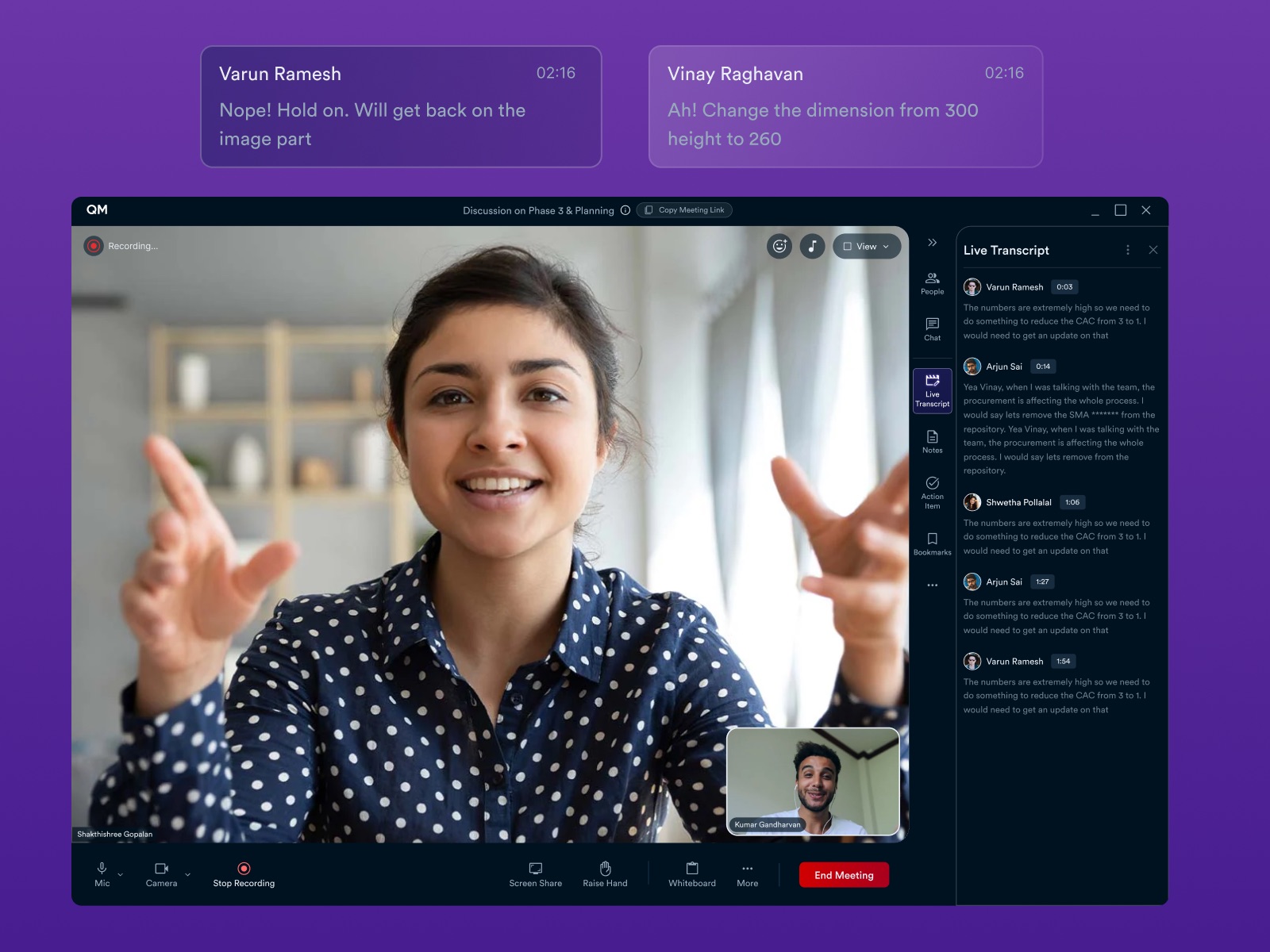 A Quickmeet video call with a live transcript panel and in-call chat messages