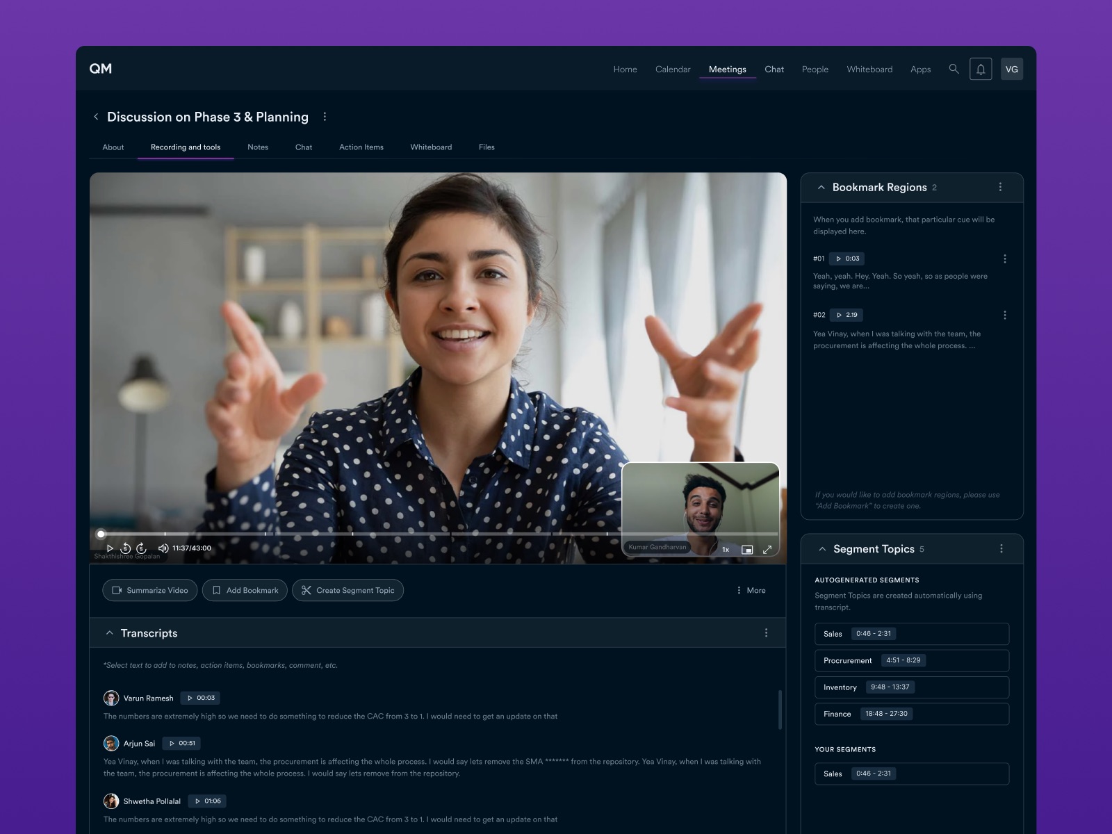 A recorded Quickmeet meeting with its transcript, bookmarks and automatically generated topic segments