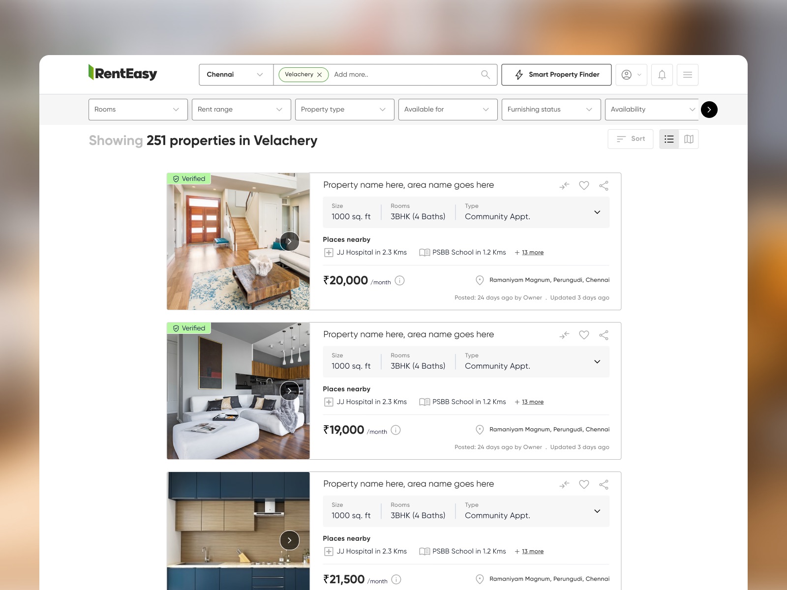 Rent easy search results: verified rental listings with size, rooms, rent and places nearby