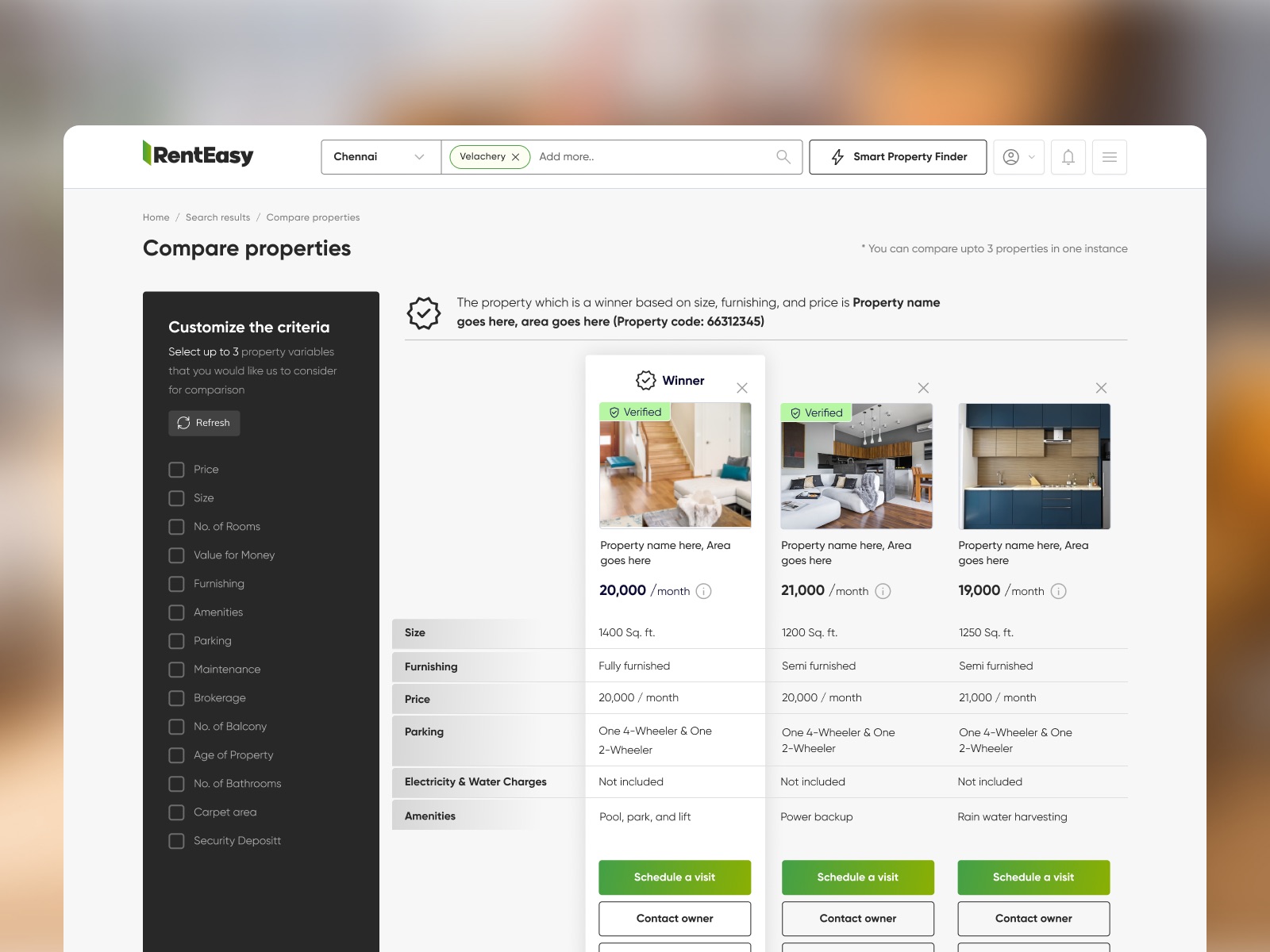 Rent easy comparison: three properties side by side, with the best match marked as the winner