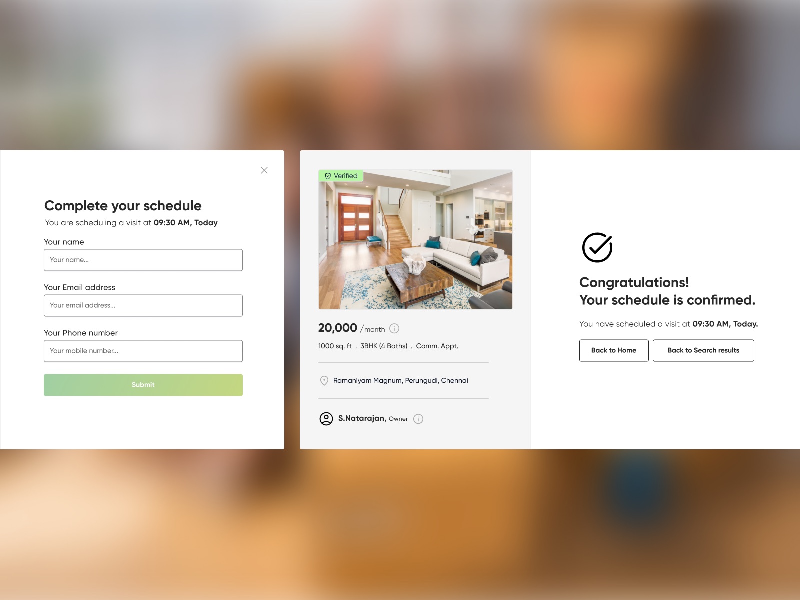 Rent easy visit booking: the contact form, the property summary and the confirmation