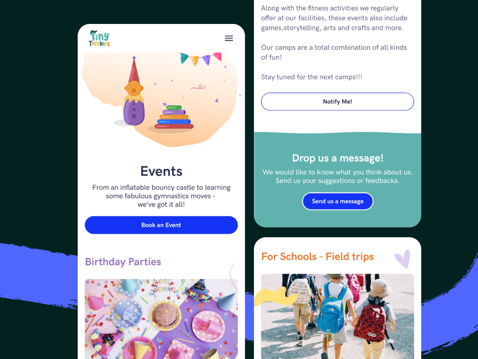 Tiny Tumbles website on a phone: the events page, with birthday parties and school field trips