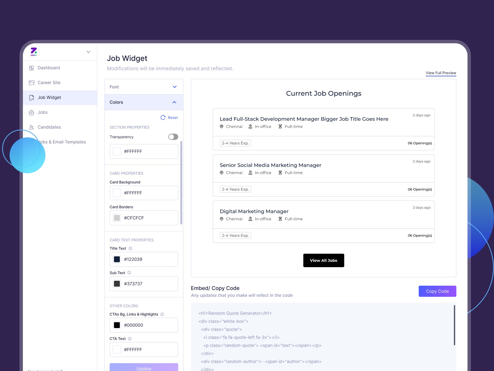 We Are job widget editor: colour settings, a preview of current job openings and the code to embed it